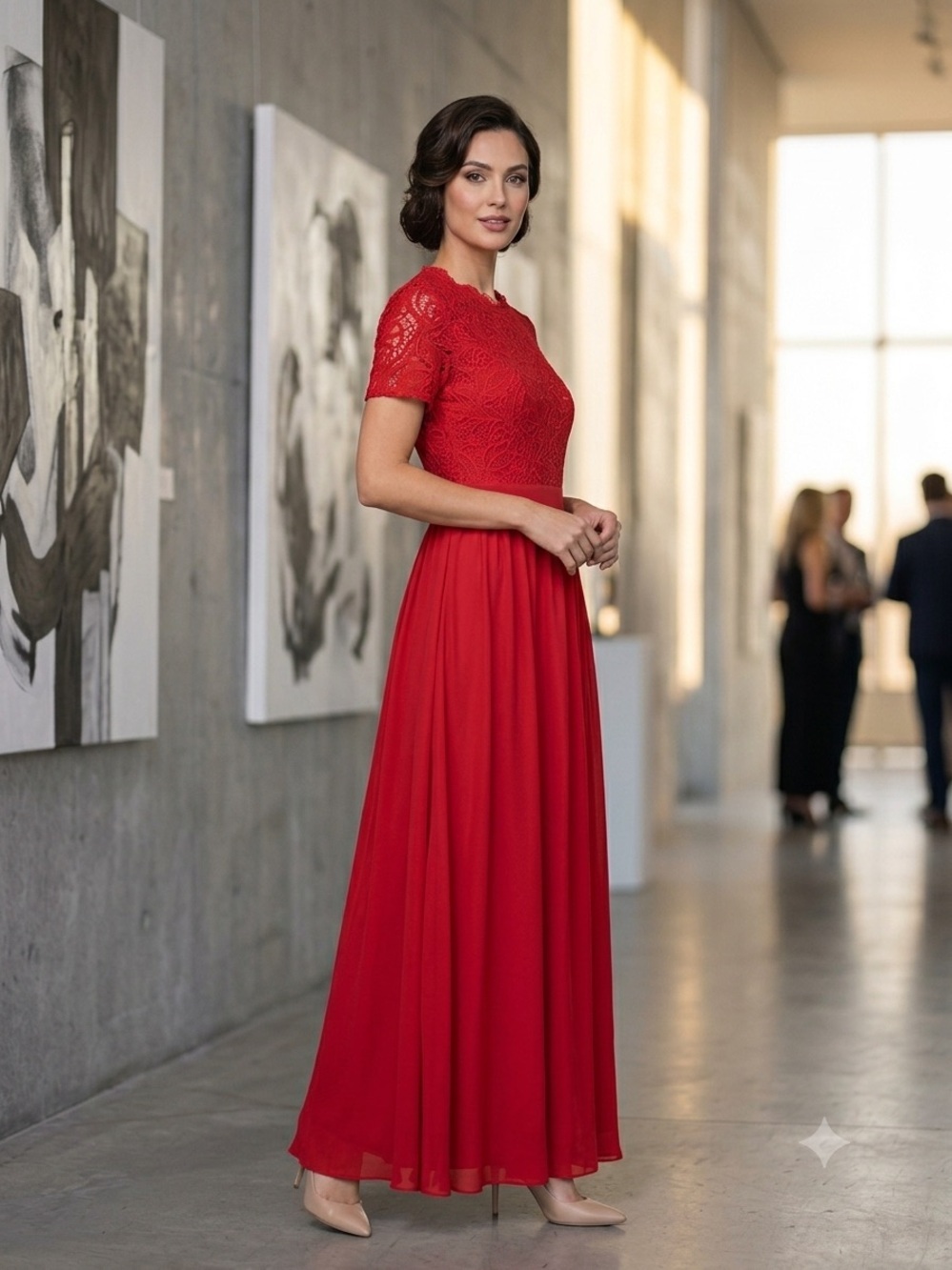 Sean Collection Red Lace Bodice Chiffon Maxi Dress